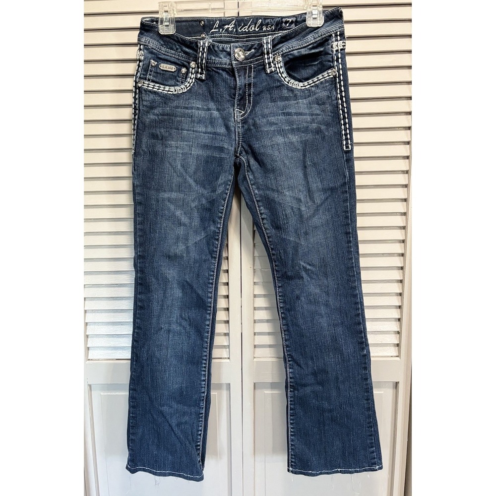 L.A. Idol Med Wash Straight Denim Jeans Gems/Embroidery Logo Size 7 Low‎ Crop